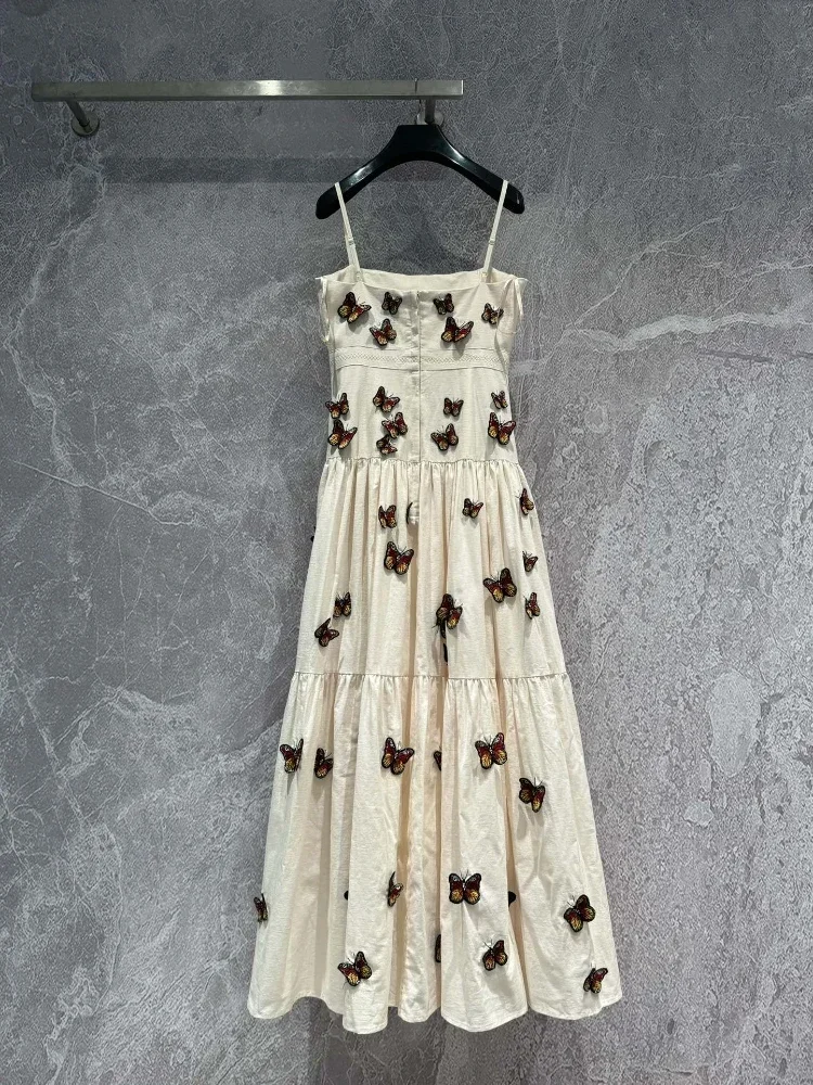 White Butterfly Three Dimensional Embroidered Suspender 2024 High Quality Linen Sleeveless Sling Midi Dress