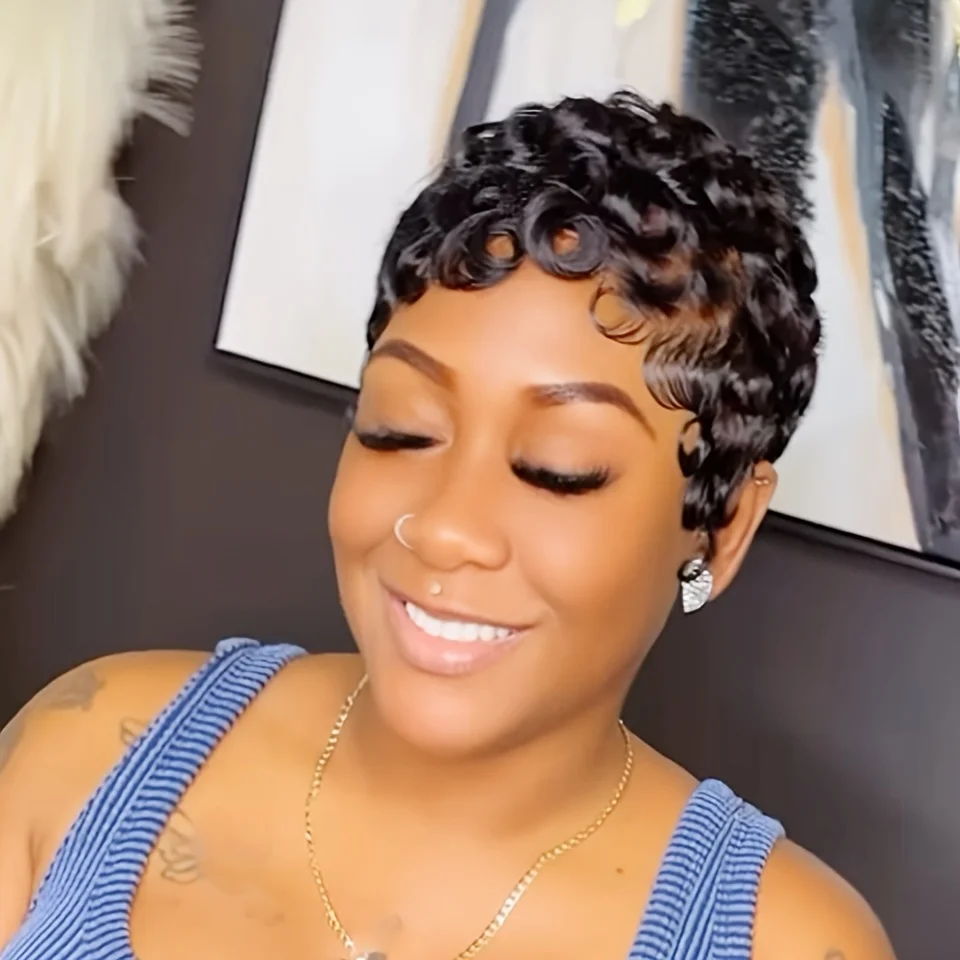 

Короткий парик-пикси 6 дюймов из натуральных волос для женщин, кудрявый, волнистый, с глубокими завитками, плотность 180%, полностью машинной работы, простой в уходе