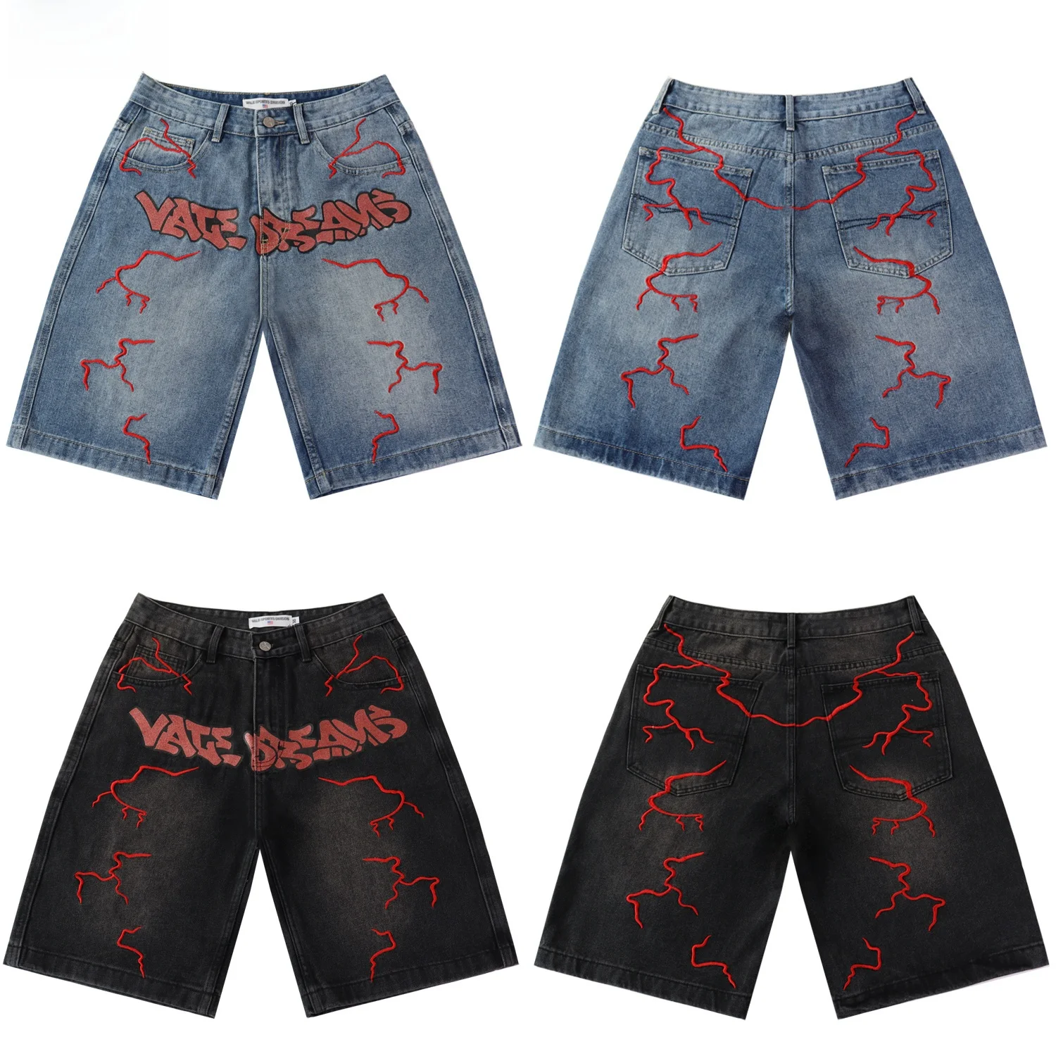 

Waed Vintage Embroidered Loose Fit Five Inch ort Jeans Summer Casual Resistant to Deformation And Dirt for Young Men