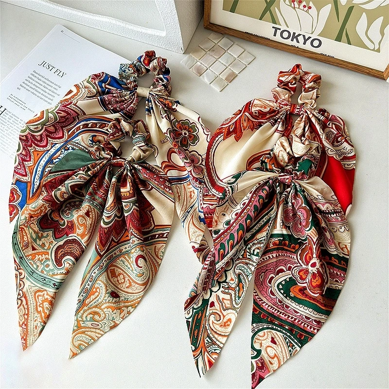 

Ethnic Paisley Print Long Ribbon Hair Scrunchie Elastic Ponytail Holder Silk Feeling Fabric Band Boho Summer Accessory