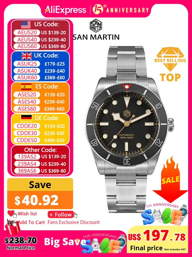 San Martin New 37mm BB54 Vintage Diver Automatic Mechanical Classic Men Watch Sapphire BGW-X1Luminous Waterproof 200m SN0138