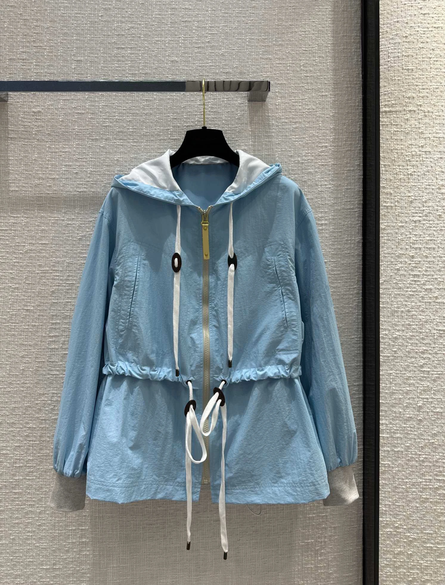 

EVACANDIS Women Spring Summer New Beach Style Blue Hooded Zipper Coat Casual Chic Solid Drawstring High Quality Luxury Clothes