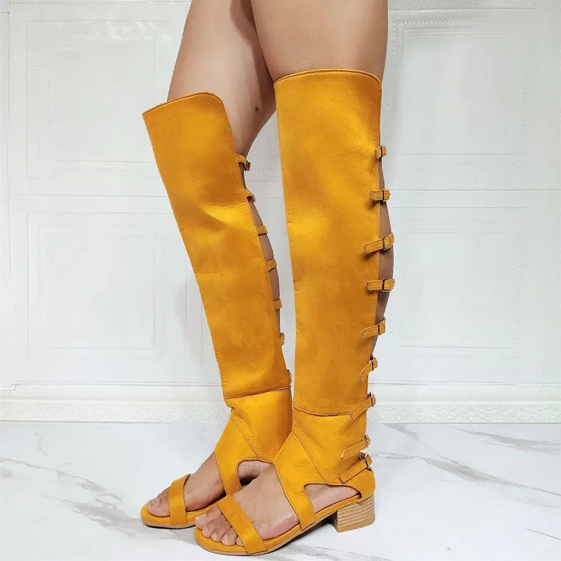 

Orange-Yellow Silk Back Buckled Straps Hollow Thigh Boots Low Square Heels Peep Toe over knee Sandals Boots Long Boats Shoes