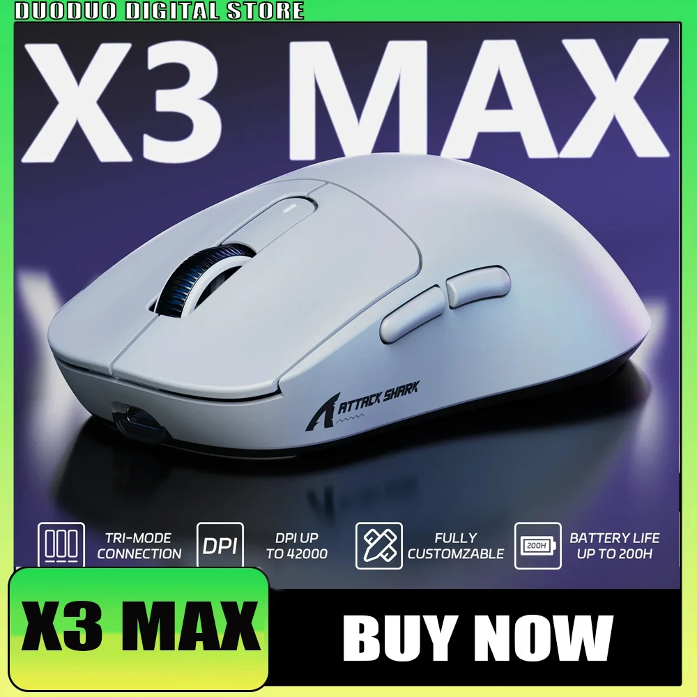

Игровая мышь Attack Shark X3 MAX, три режима, 42000 точек на дюйм, 49 г, PAW3950, сверхлегкие и легкие мыши, геймерский плеер, аксессуары для ПК, подарки