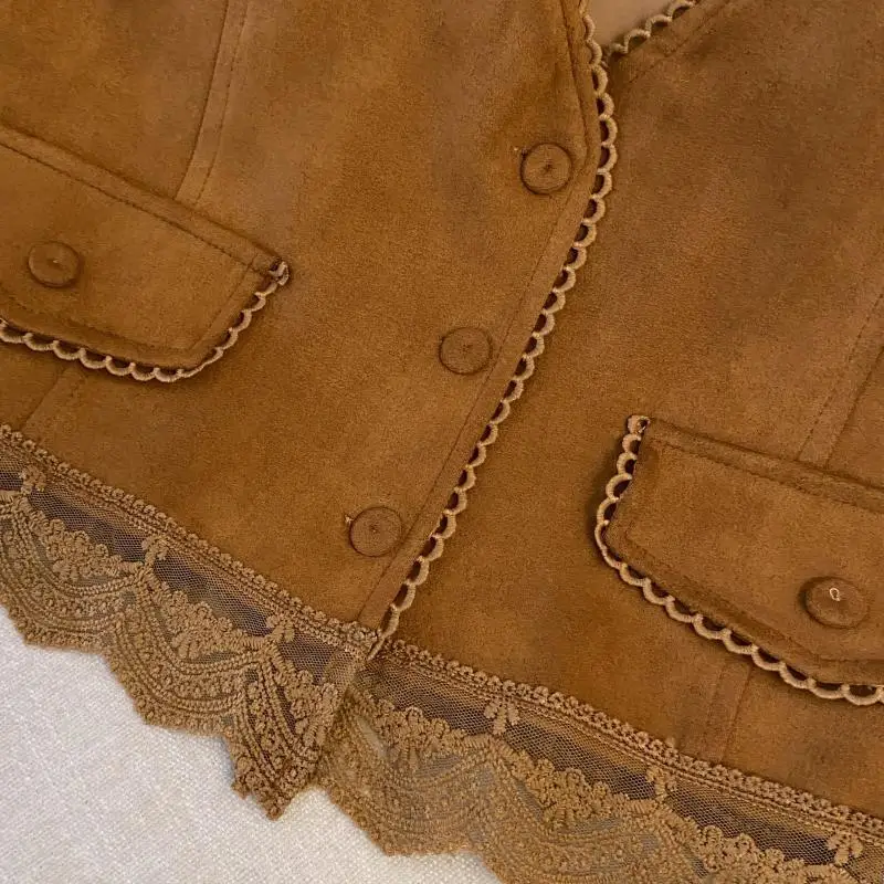 Damen Wildleder mit Spitze Patchwork Weste Weste