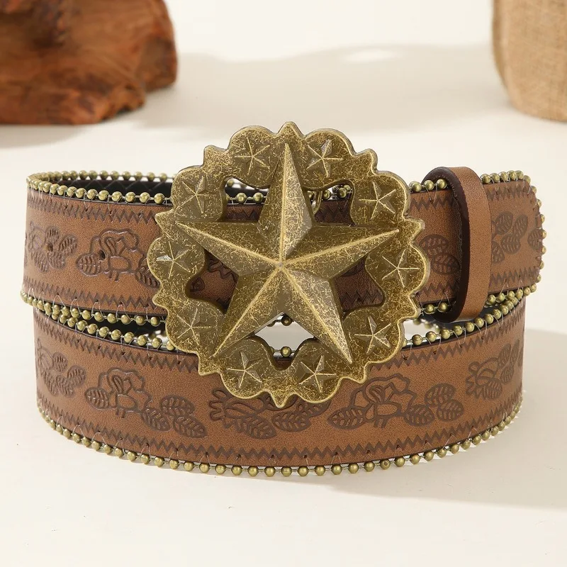Gothic Vintage Five Pointed Star Ring Buckle Women's Belt Made of Antique Copper Printed Belt, Punk Jeans Denim Decorative Belt