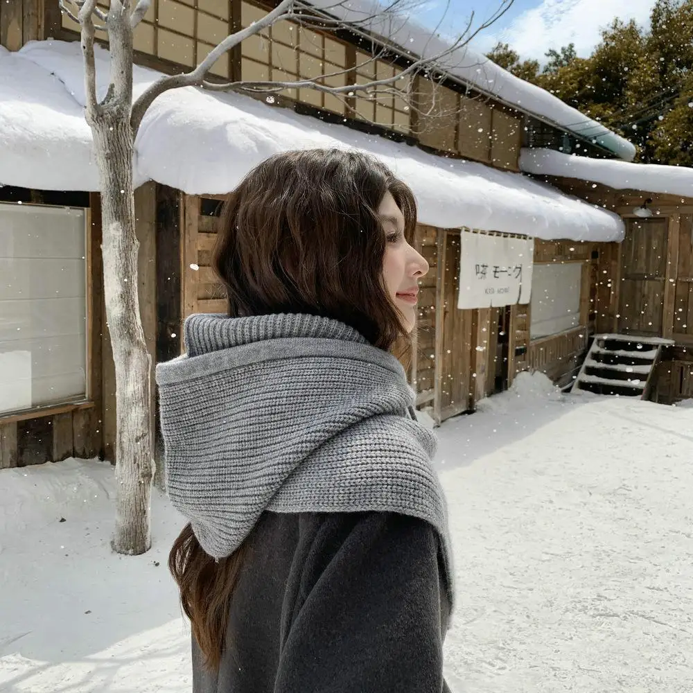 Knitted Balaclava Hat for Women Winter Knitting Hooded Caps Triangle Wrap Drawstring Hats One-Piece neck Collar Beanies Cap