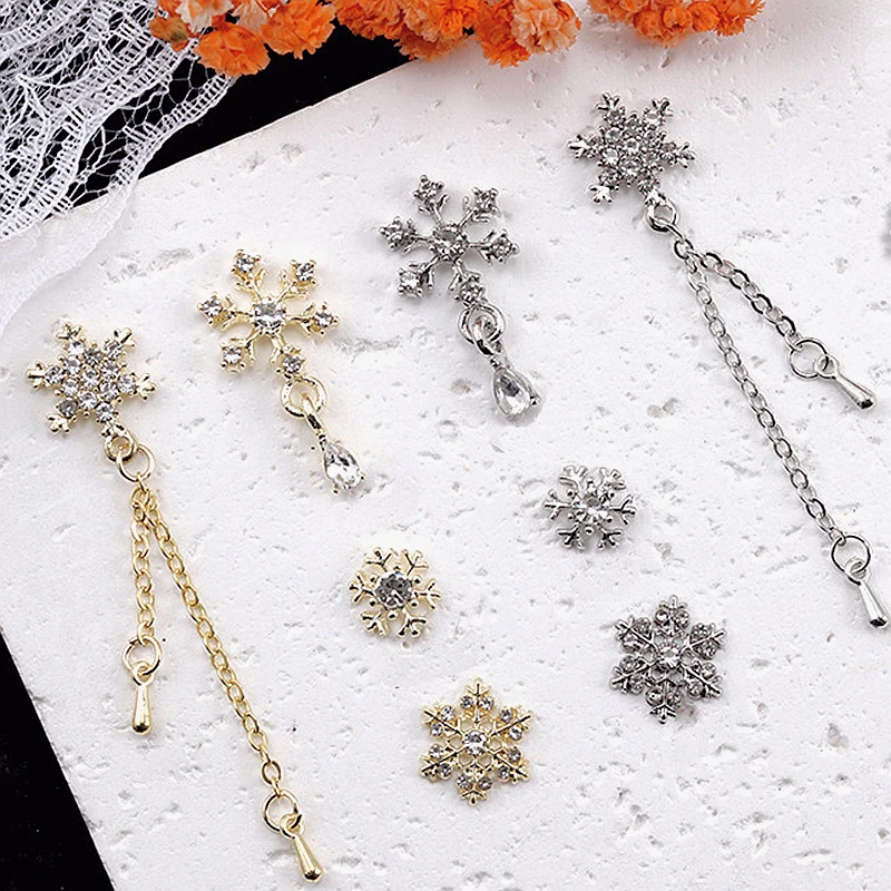 

10PCS Luxury Alloy Snowflake Nail Art Charms Tassel Chain Snow Pendant Accessories For Manicure Decor Nails Decoration Supplies