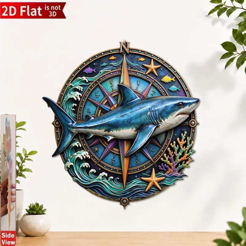 CIFBUY 1pc 2D Flat Nautical Compass Shark Metal Wall Decor, Distressed Texture Wall Art for Entryway Bar, Rustproof Indoor
