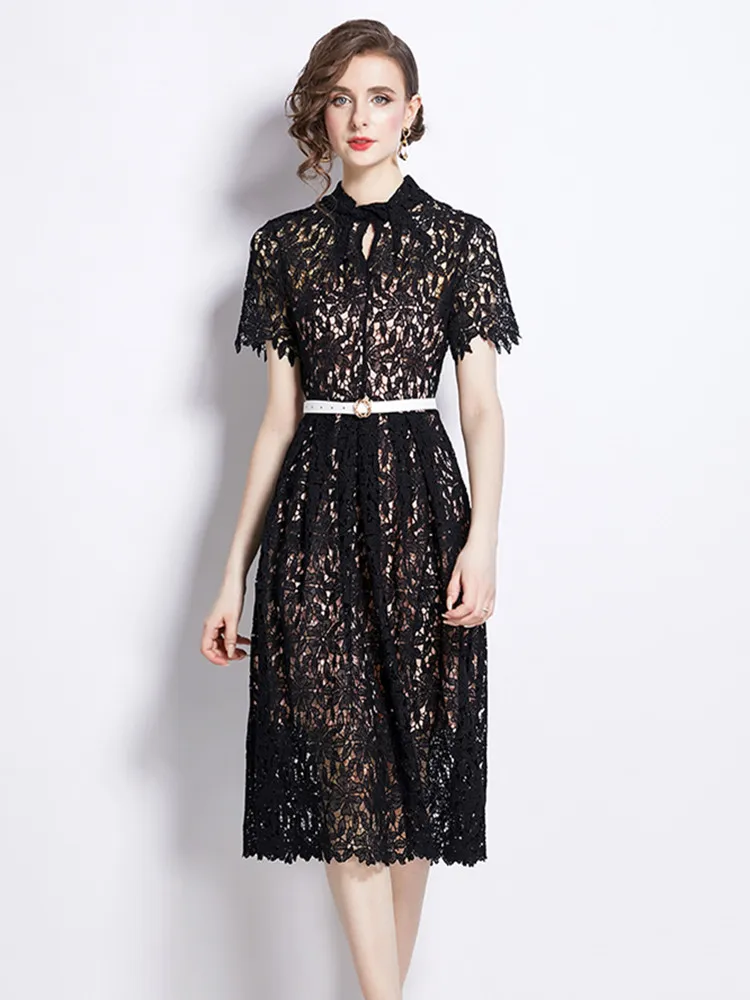 Elegant Fashion Party Dresses Women Short Sleeve Lace Summer Dress Simple Slim Lace Hollow Out Embroidery Slim Belt Dress