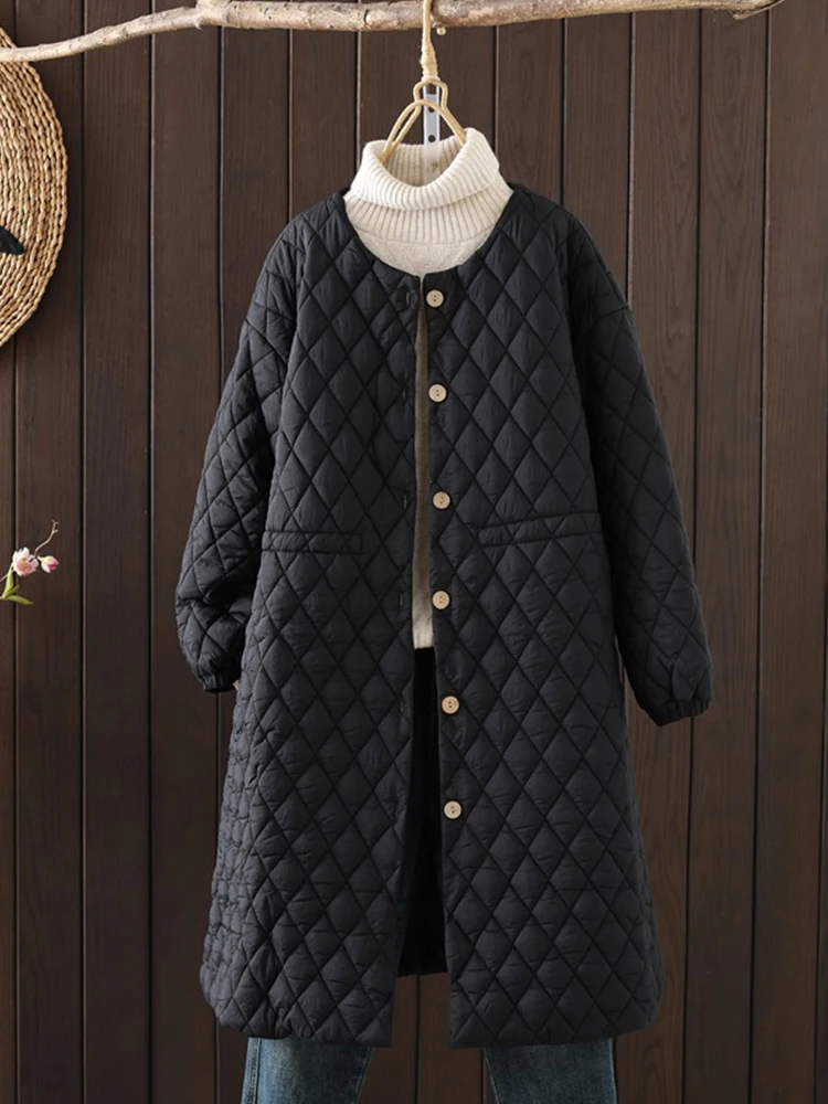 

Thiened Cotton Jaet Women's Loose Mid-Length Quilted Warm Coat Retro round Ne Button Long Sve Winter Outerwear