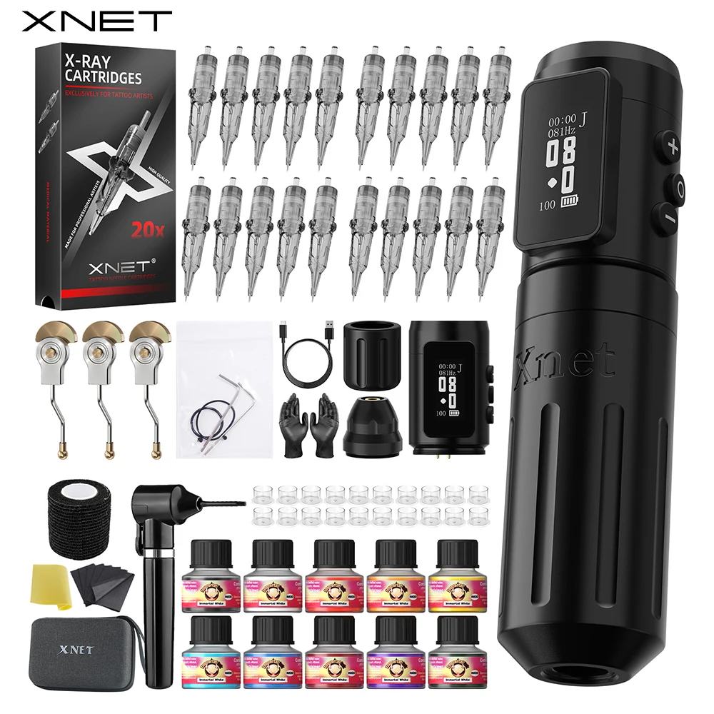 

XNET Knight Professional Wireless Tattoo Machine Kit Rotary Pen With Ink Mixer Coreless Motor 20pcs Cartridges For Tattoo Artist