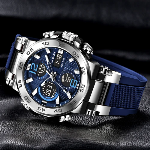 Imagen 2 del producto Reloj FOXBOX a la moda con pantalla Dual para hombre, reloj deportivo informal resistente al agua para hombre, relojes digitales analógicos luminosos de silicona para hombre
