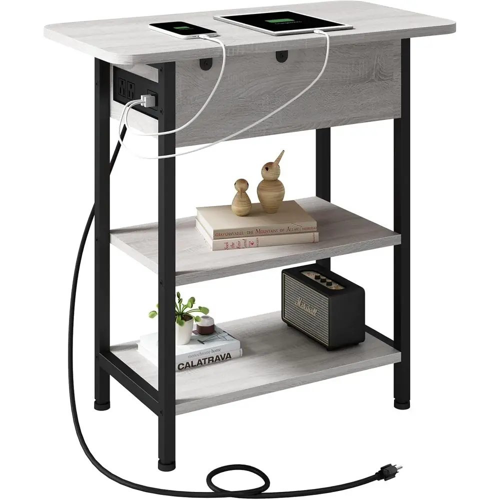 Light Grey Charging End Table with USB Ports and Outlets for Small Spaces