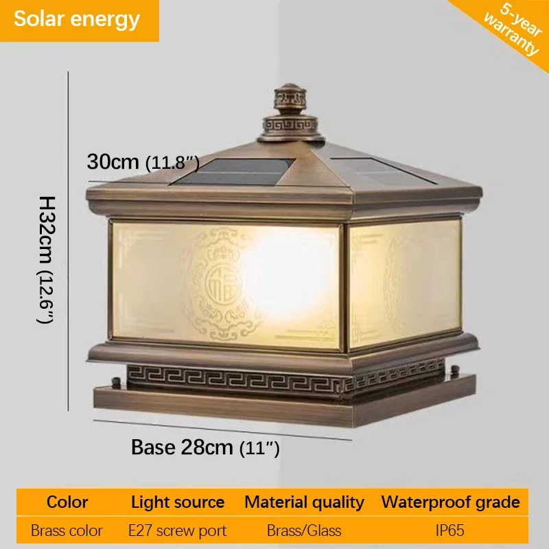 TEMOU-Lampe LED Solaire Extérieure, Pilier en Laiton Chinois, Vintage Créatif, Étanche IP65, Maison, Villa, Cour