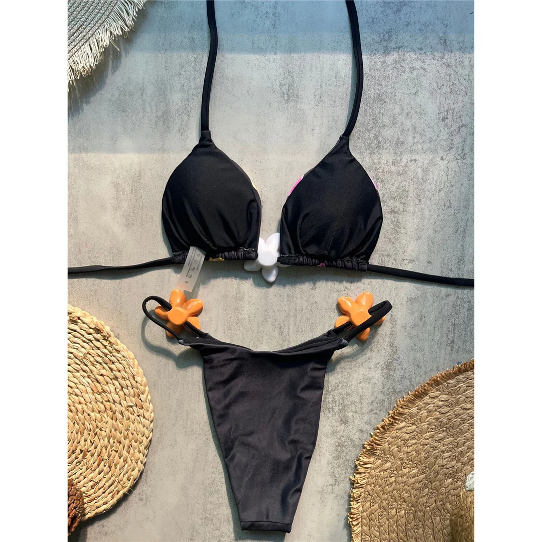 3D-Blumenmuster, Neckholder-Bikini, Damen-Badeanzug, zweiteiliges Bikini-Set, Badeanzug mit hohem Beinausschnitt, Badebekleidung, Modell V8435. – Detail 6
