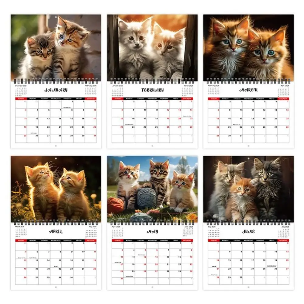 Two Cats Design 2026 Calendar Hanging Loop Durable Construction Kitten Wall Calendar Full-Year Planning Desktop Decoration