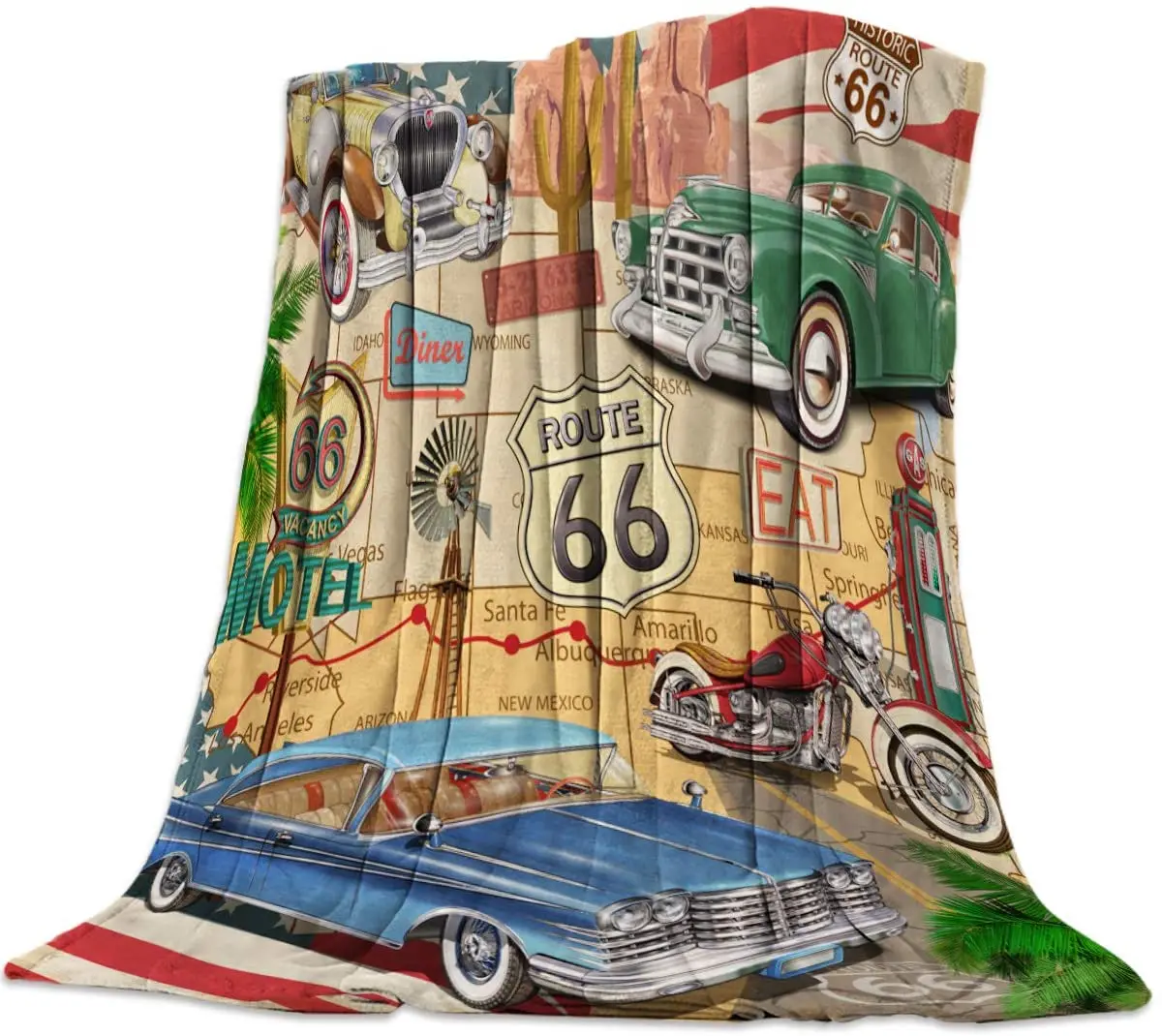 

Soft Flannel Fleece Bed Blanket Retro Car Motel Route 66 Throw Blanket All Season Warm Fuzzy Light Weight Cozy Plush Blankets