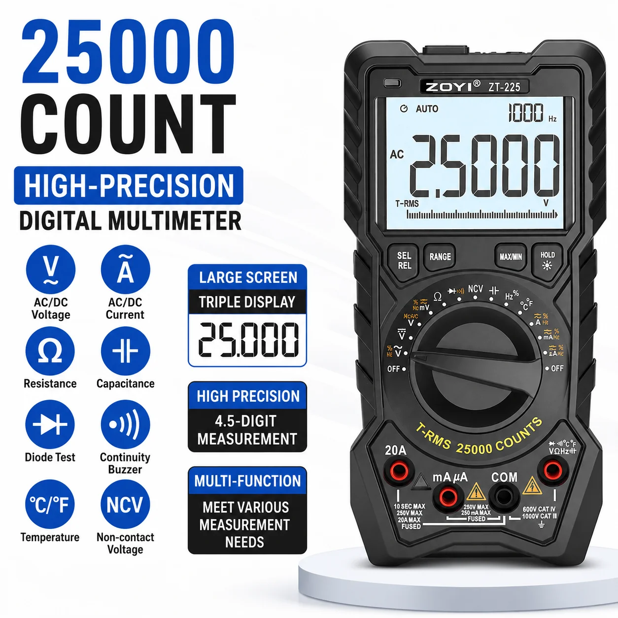 Multimètre numérique ZOYI ZT-225 à 25 000 comptes, haute précision, gamme complète, anti-brûlure, pour la réparation automobile et l'électricité