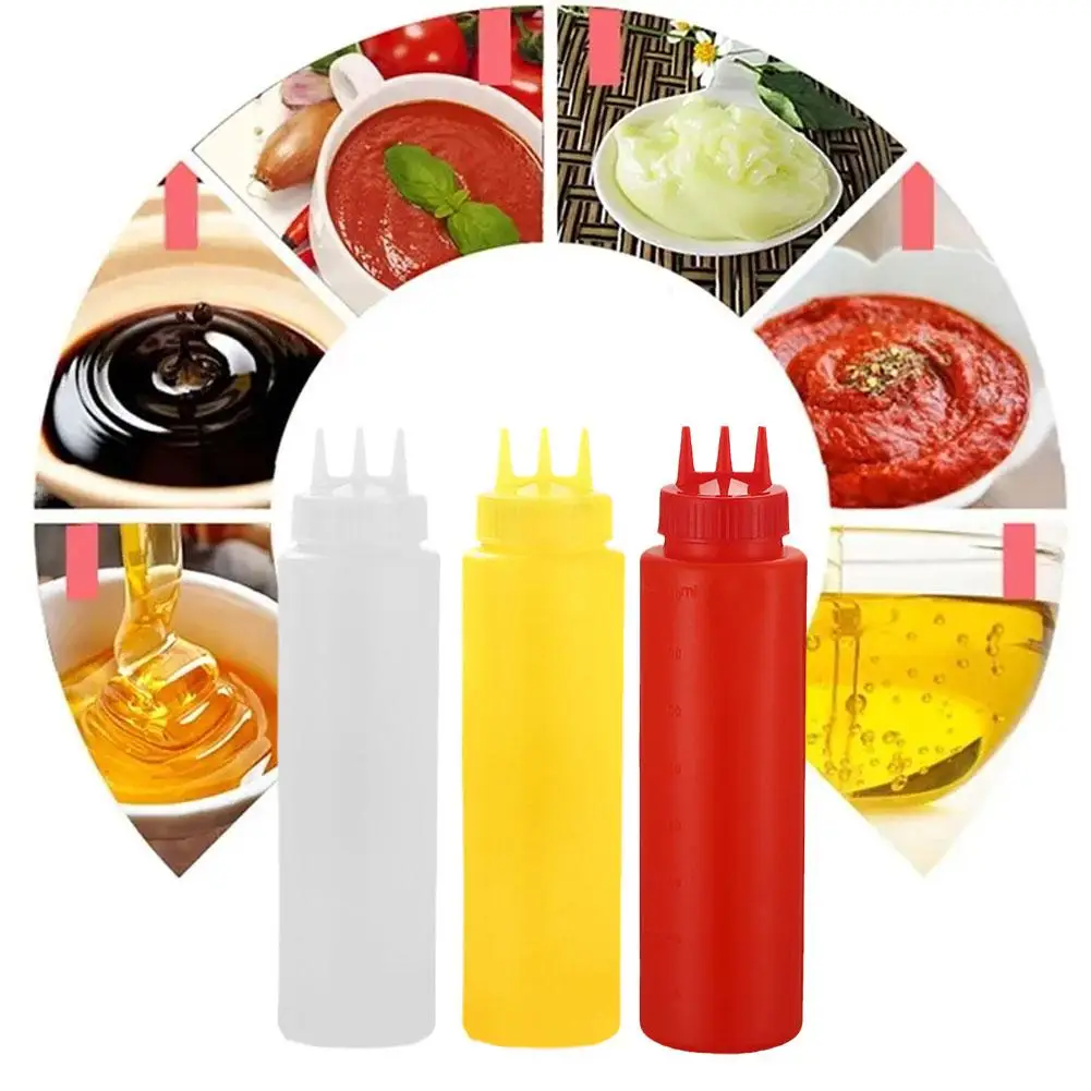 3 Holes Twist Cap Squeeze Bottle Food Grade Plastic Oil 12oz Tool Mayo Ketchup Bottle Squeeze Bottle Sauce Kitchen Mustard U8J4