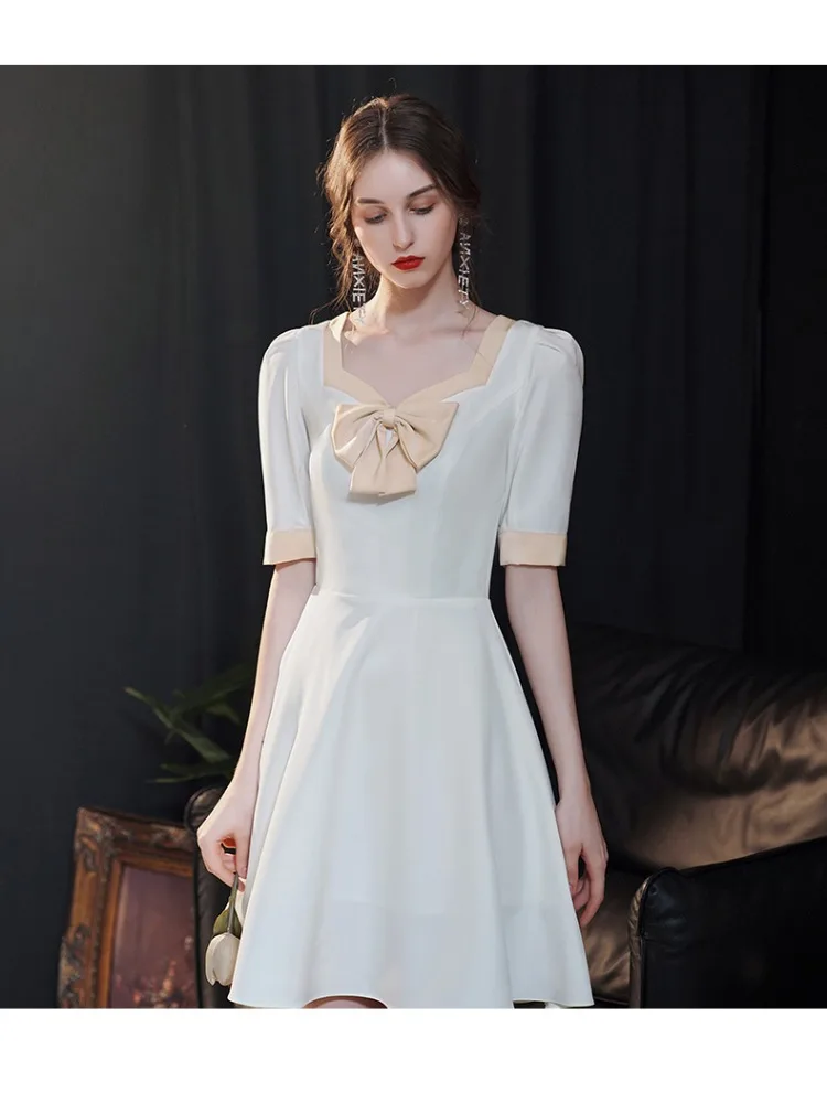 Vestidos elegantes para fiesta de cumpleaños, vestido con temperamento blanco para mujer, vestido informal con lazo acampanado, vestido de noche sencillo personalizado