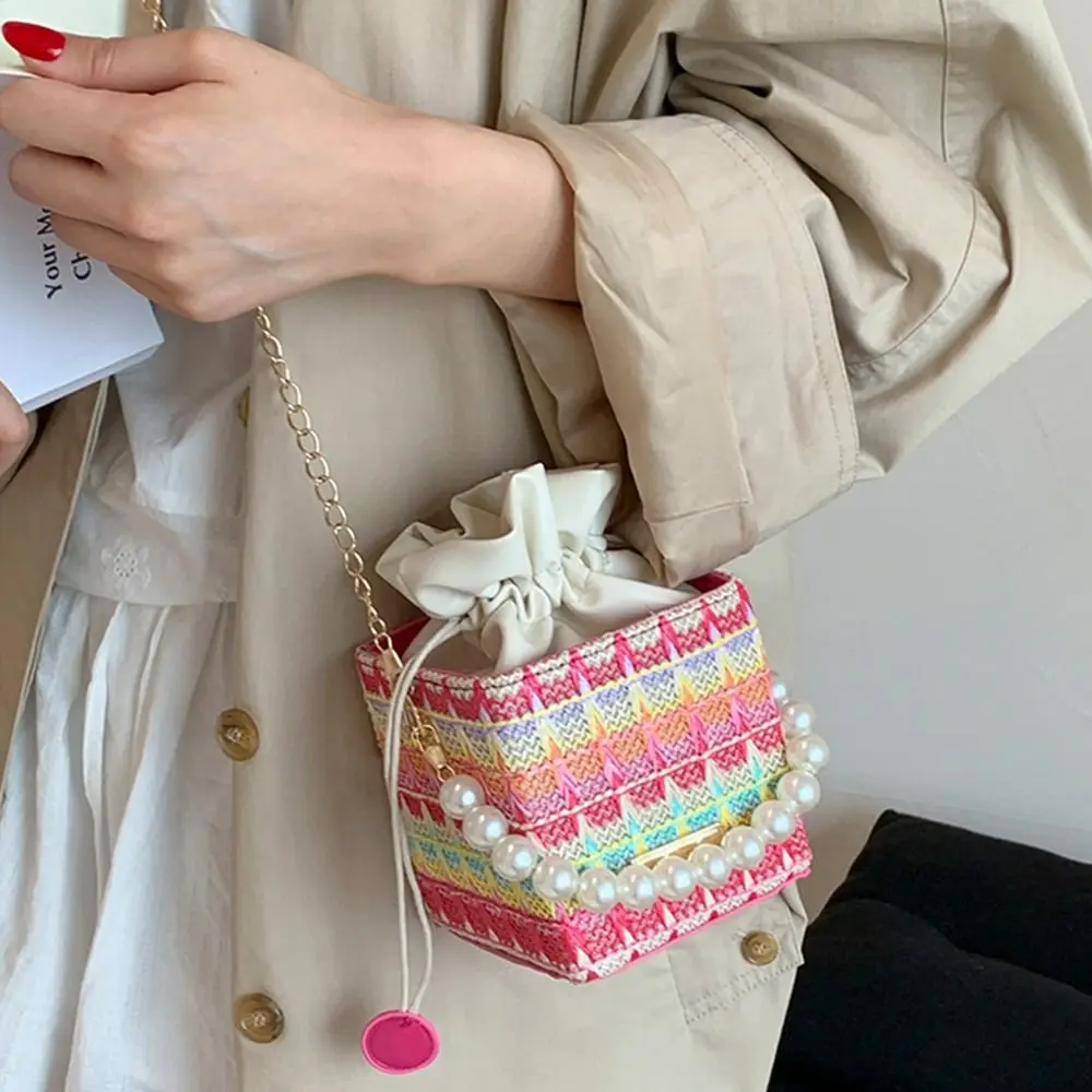 

Trendy Bohemian Straw Shoulder Bag Square Elegant Weave Tote Bag INS Lightweight Drawstring Bucket Bag Vacation