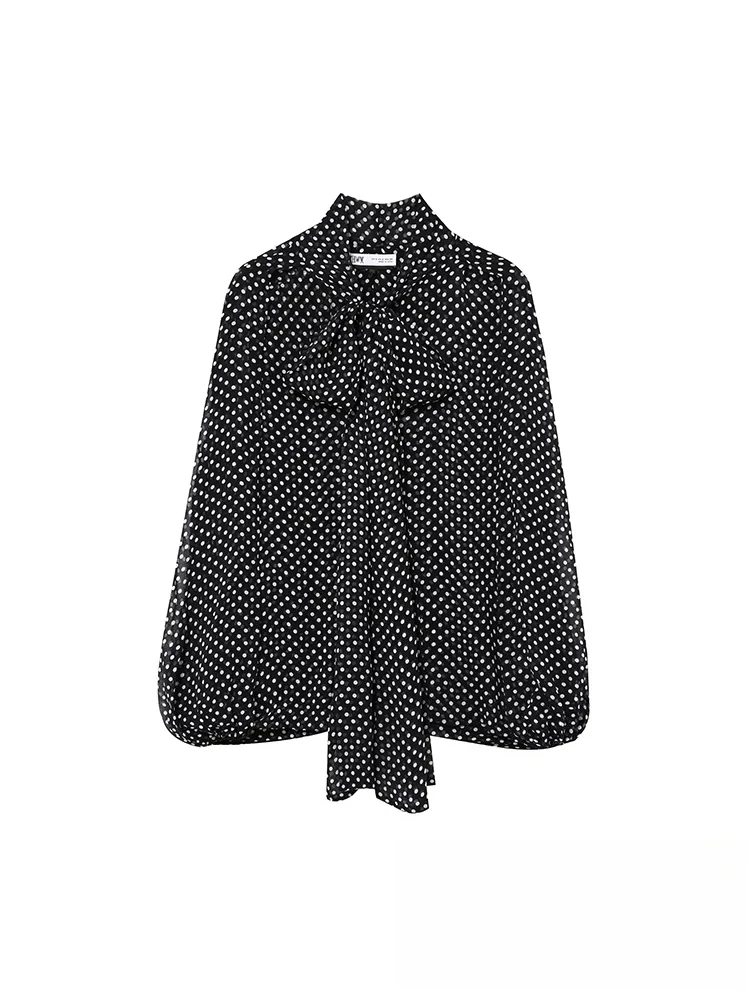 

KONDALA винтажная повседневная шикарная женская блузка в горошек с бантом на шнуровке и v-образным вырезом, свободные рубашки-плащики, новая мода, весна-лето 2024, блузки