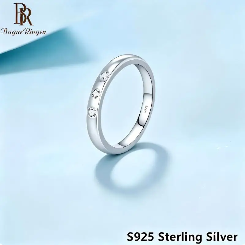 BR S925 Sterling Silver Minimalist Ring for Women, Cute Korean Style Simple Band, Sparkling Zircon Stackable Finger Ring