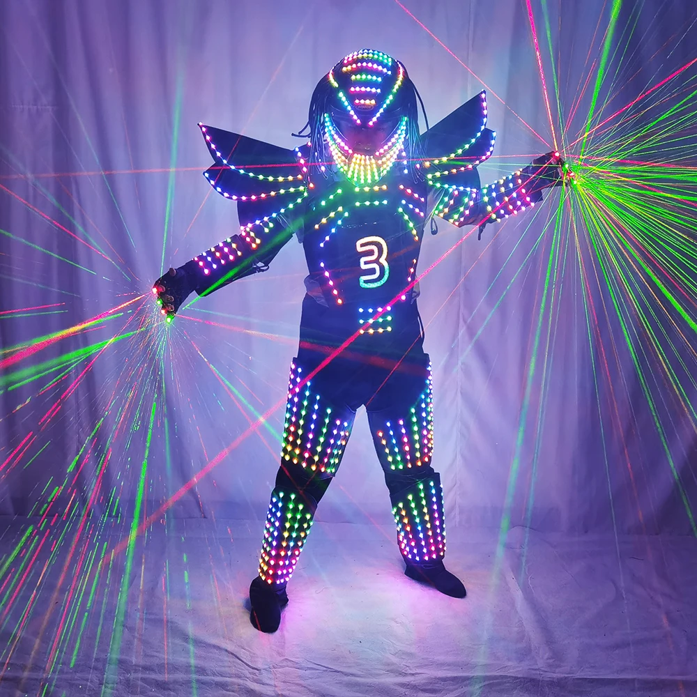 Pixels LED Robot Suit, Full Color Change, Stage Show, Singer Party Performance Wear, Helmet with Laser Gloves