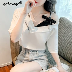 New Summer Women Sexy Off Shoulder Bow Asymmetrical Short Sleeve T-shirt Female Casual Chain Strap Patchwork Y2K Chic Loose Tops