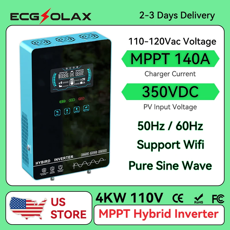 ECG 4KW عاكس للطاقة الشمسية الهجين 24 فولت 110 فولت موجة جيبية نقية خالية من البطارية بدء تشغيل بنيت MPPT 140A شاحن بالطاقة الشمسية النظام الشمسي BMS/WiFi #1