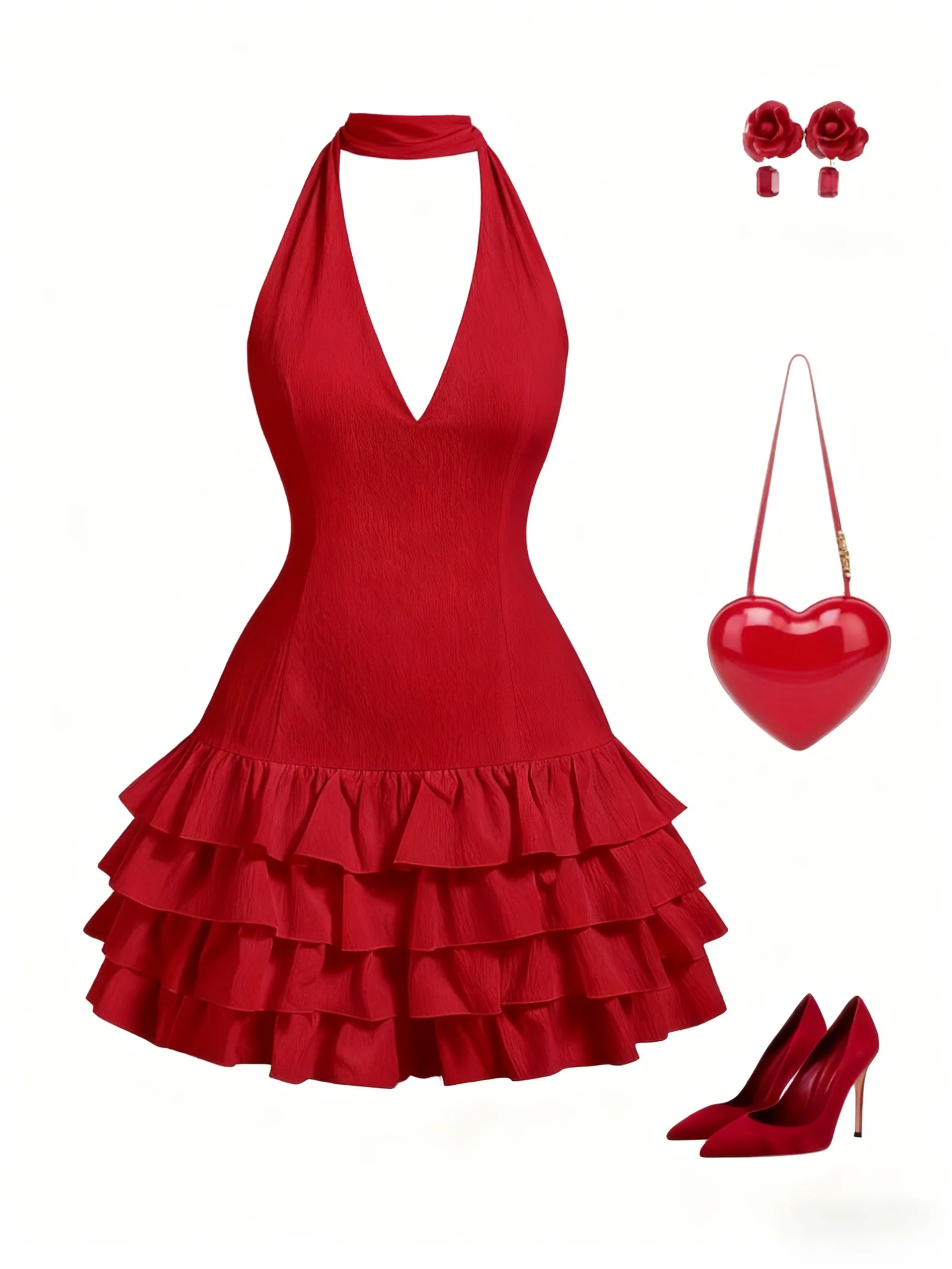 Vestido Mini Halter Rojo de Crepé con Volantes Escalonados y Cuello en V para Mujer, Glamuroso, Sexy, para Fiesta de Verano, Cita Nocturna, Elegante y Favorecedor