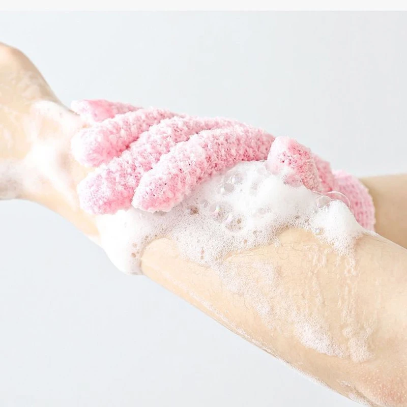 Pink Five Fingers Bath Gloves Household Gloves Shower Towel Scrub Body Wash Elastic Wipe Back Bathing Cleaning Gloves
