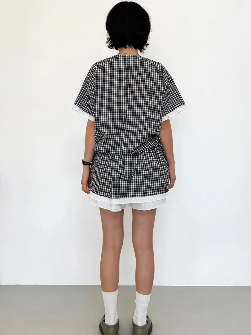 

Retro Anti-Aging Lace Trim Splicing Plaid Women's Summer New Color Colion Skirt Two-Piece Set irt f-length Skirt