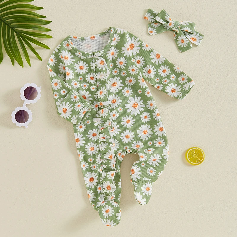 

Suefunskry Baby Girl Footed Romper Long Sleeve Round Neck Daisy Print Ruffled Full Length Jumpsuit Footies with Headband