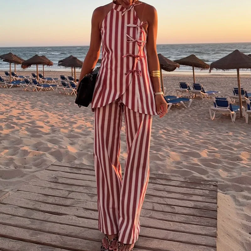 Bow Design Slim Fit Summer Two Piece Set New Vacation Striped Printed Women Outfit Hanging Neck Sleeveless Top with Pants Suits