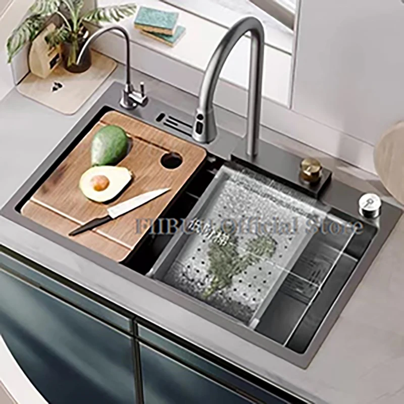 

Waterfall Kitchen Sink Topmount Single Bowl Wash Basin Stainless Steel Workstation with Drain Accessories Knife Holder Faucet
