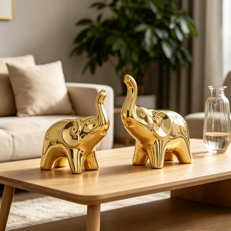 Gold Plated Ceramic Elephant Statue Set, Modern Home Decor Figurines for Living Room & Office Desk