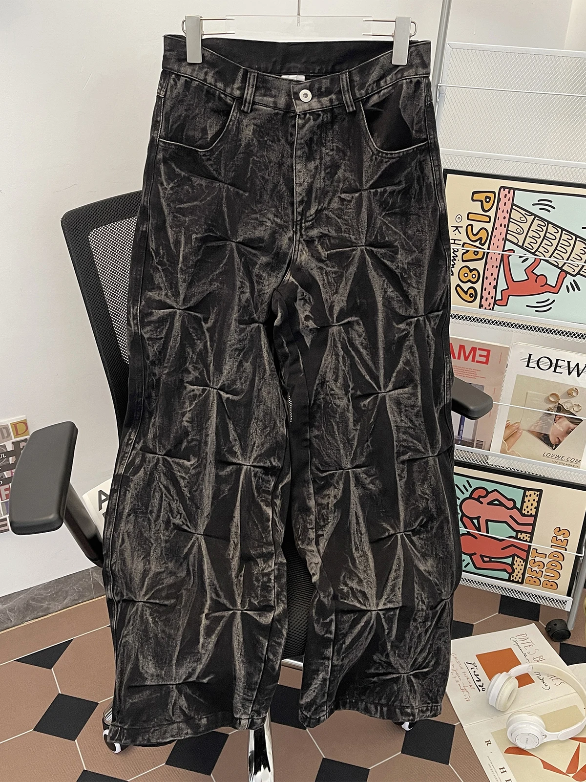 Retro Distressed Deconstructed Pleated Floor-Length Jeans Straight Leg Loose Fit Summer Slimming Design Sense Washed Denim Pants