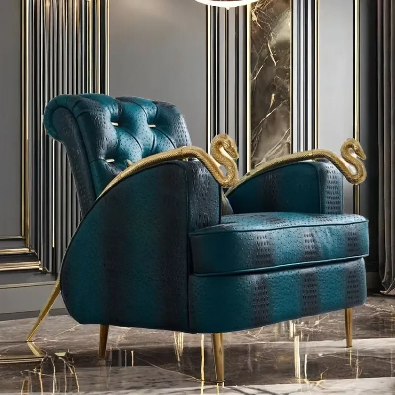 Italian Living Room Furniture Single Sofa Chair Snake Armrest Pure Copper Wood Legs Velvet Set Contemporary for Home