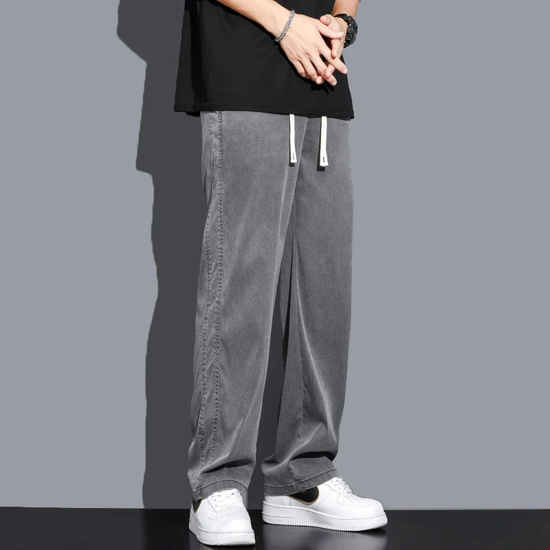 Summer Thin Soft Lyocell Fabric Jeans Men Loose Straight Wide Leg Pants Drawstring Elastic Waist Casual Trousers Plus Size M-5XL