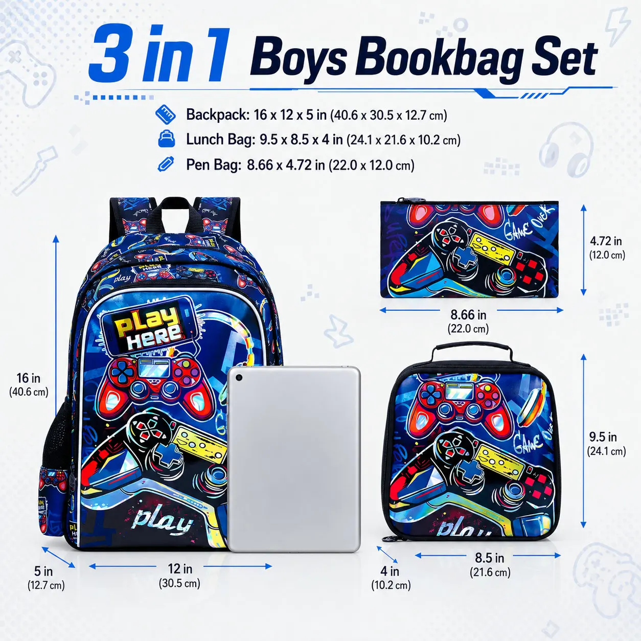 Kid's backpack 3PCS 16 Inch UV Print Red Game Controller School Bag Set One Backpack + Handbag + Pencil Case For Boys