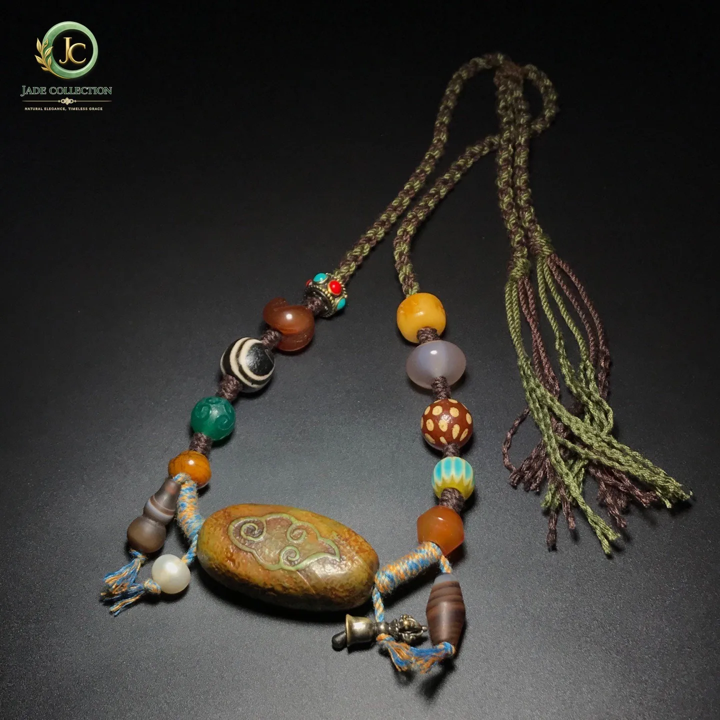 Unique Tibetan Old Agate Dzi Carved Auspicious Clouds Bead Necklace J0405
