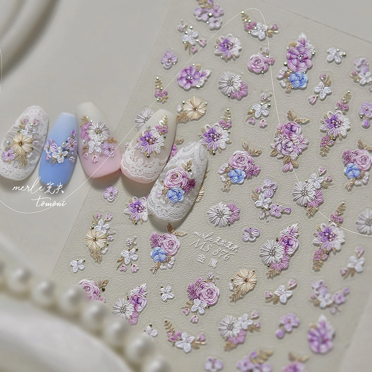 Classical Pink Blue White Embroidery Flower Bright-colored Blossom Geometry DIY Nail Art Stickers Chinese Style Manicure Decals