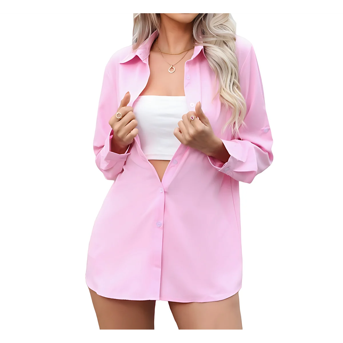 FZFZ المرأة تمتد زر أسفل قميص طويل الأكمام لينة الأساسية التجاعيد الحرة العمل الأعمال الرسمية عارضة بلوزة الوردي XXL