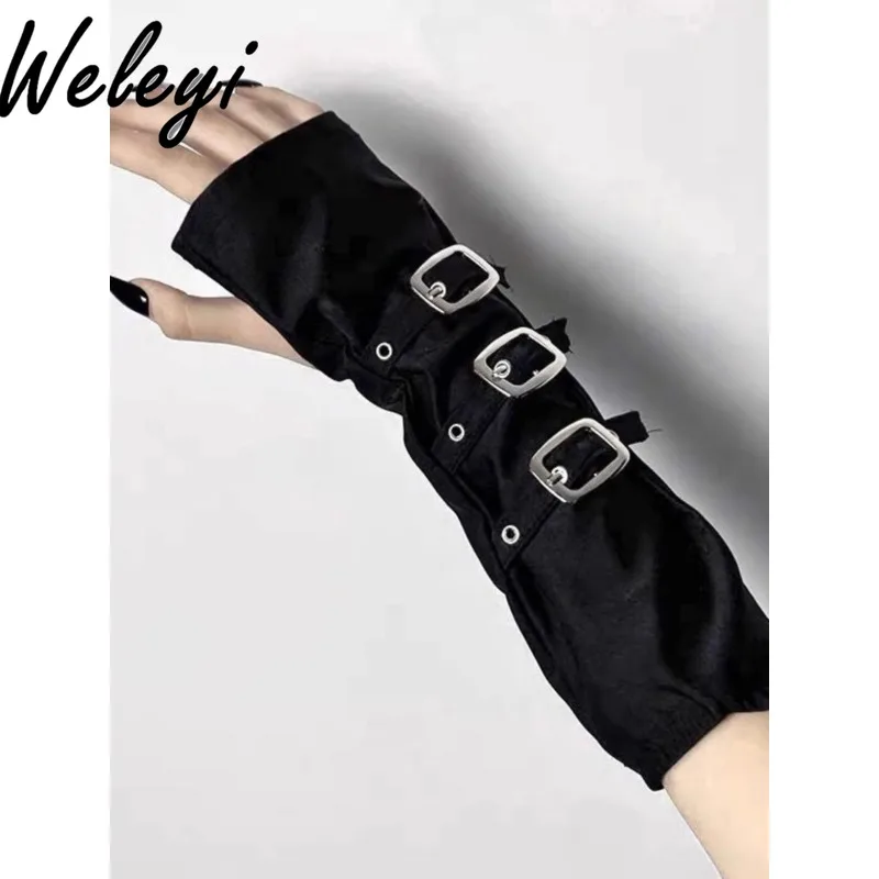 

Yabi Style Culture Sleeves Jirai Kei Gloves Women's Y2k Dark Punk Black Half-cut Metal Buckle Sunscreen Hand Sleeve for Women