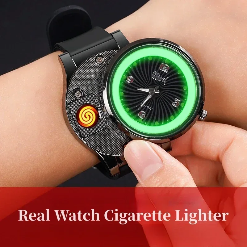 Watch Cigarette Lighter 2-in-1 Windproof Wristwatch Tungsten Lighter USB Charging Boys Sports Watch Cigarette Lighter Gifts