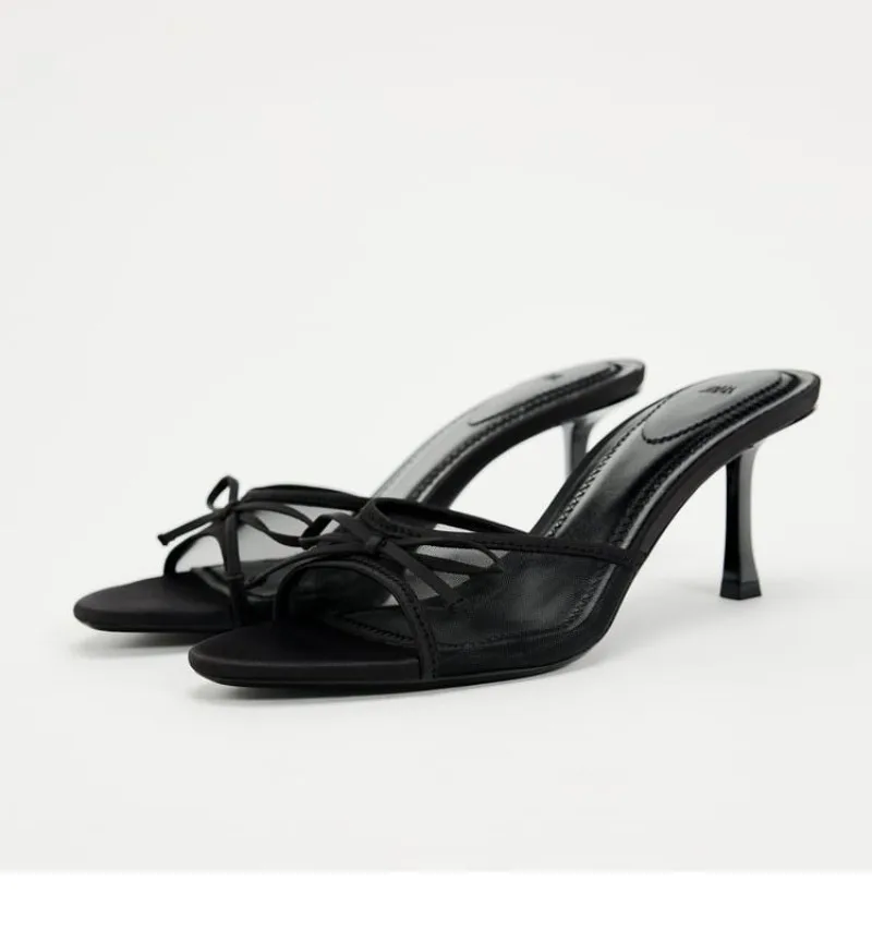 

Hot-sell Women's High Heels Slippers Luxury Slim Heel Sandals Fashion Bow Decorated High Heels Slippers Breathable Mesh Slippers