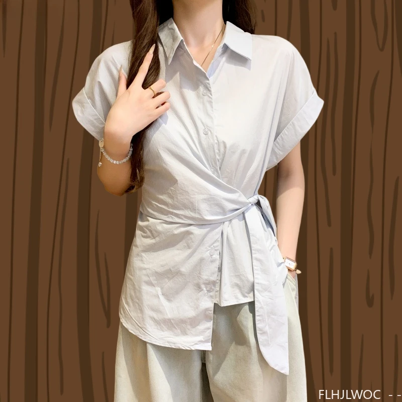 

Cotton Linen White Shirts Lace-Up Peplum Tops Cute Sweet Japan Girls Retro Solid Loose Casual Slim Waist Chic Y2K Design Blouses