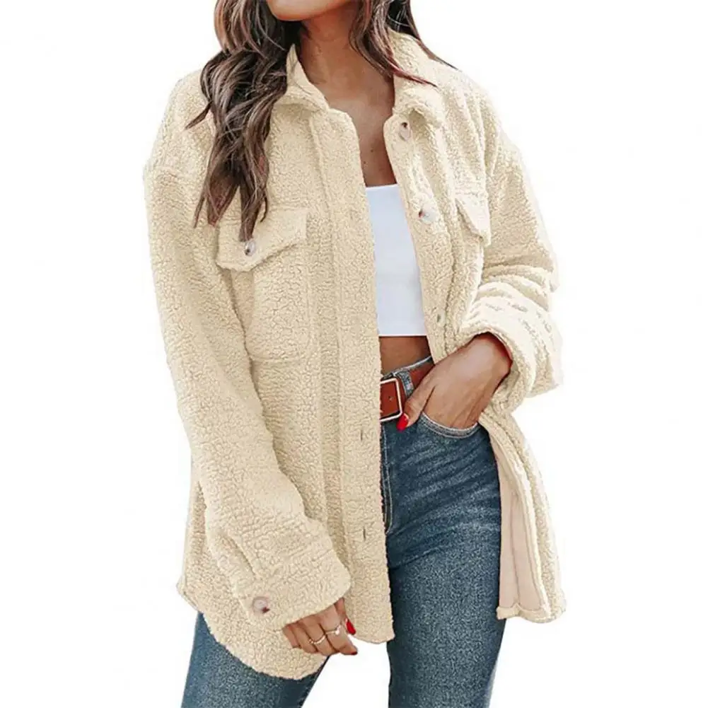 Manteau de chemise à manches longues pour femmes, poches à rabat, simple boutonnage, Surface en peluche, automne hiver, couleur unie, veste ample